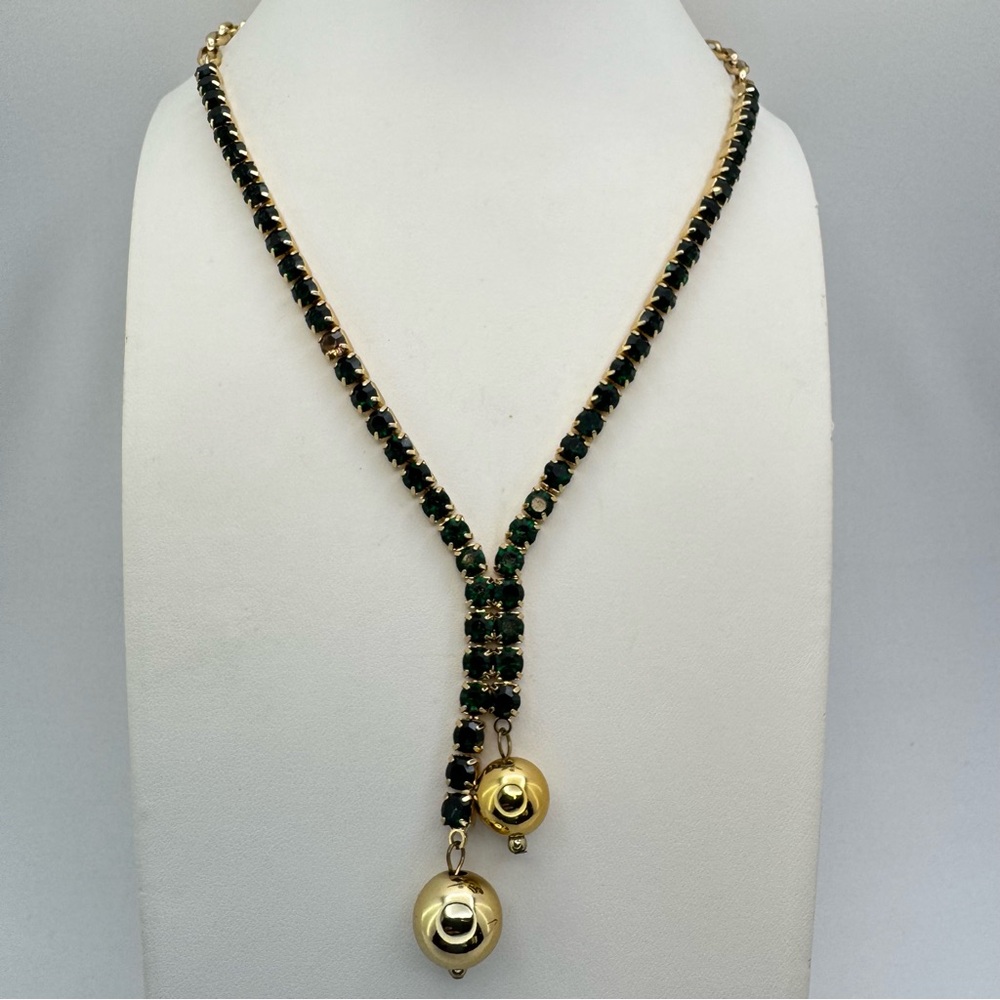Vintage Black Crystal Y Necklace Gold Tone Rhinestone Statement Glam Bold